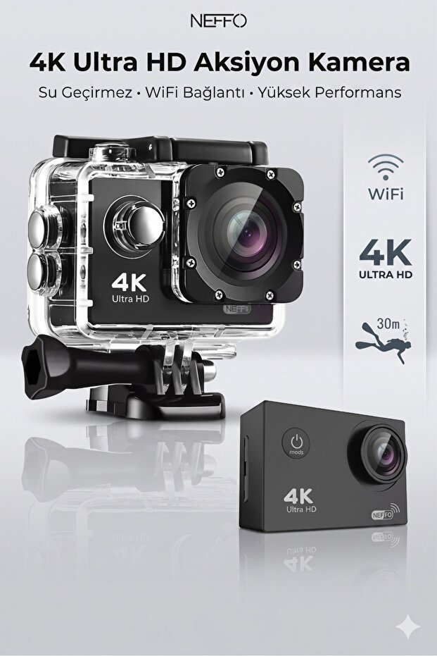 NEFFO Aksiyon Kamera 4K Ultra Hd 170 Derece Çekim Wifi Bağlantılı 4K Hd Kalite
