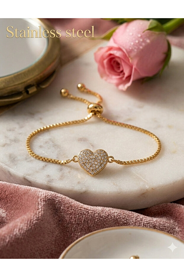 Gold Color Multi Stone Heart Elevator Steel Bracelet
