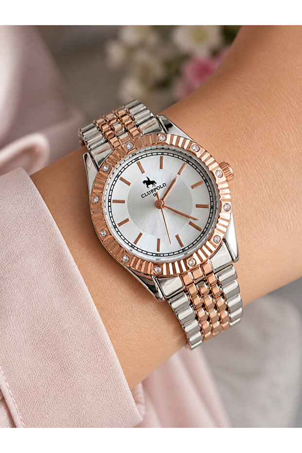 Vintage Women's Wristwatch with Rose Gold and Silver Stones