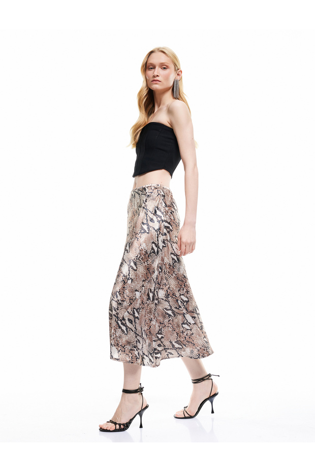 Snake Skin Patterned Comfortable Fit Midi Skirt