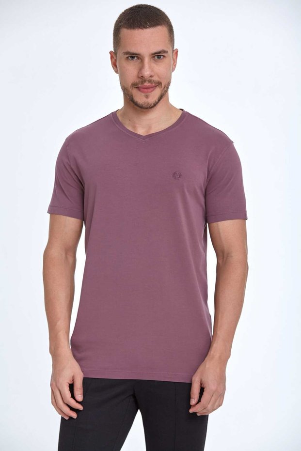 Embroidered Cotton V-Neck Men's T-Shirt Plum