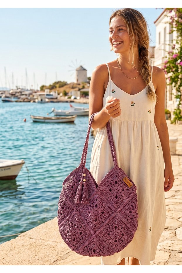 Hand Knitted Tasseled Casual Women's Shoulder Bag Paper String Purple 36X27