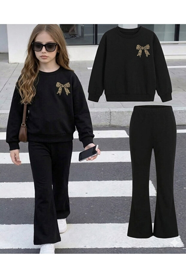 Girl's Black Leopard Bow Detailed Spanish Flared Double Bottom Top Set (Ages 2-12)