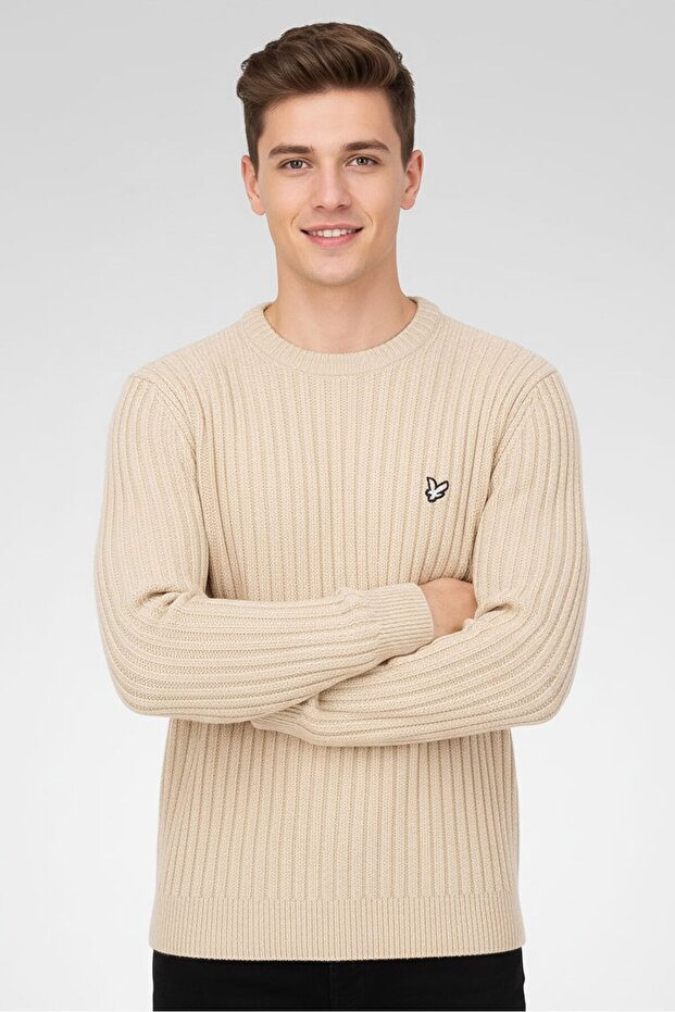 Men Crew Neck Crochet Long Sleeves Sweater, Beige
