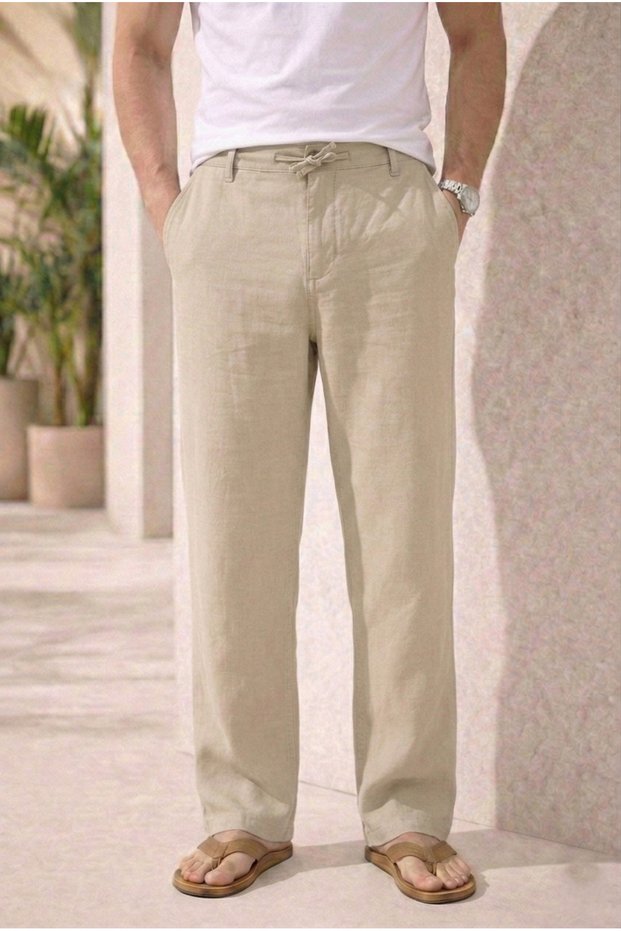 Men's Summer Beige Color Cotton Linen Look Relaxed Trousers
