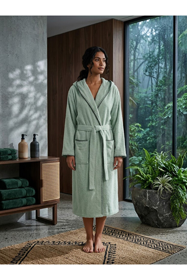 Hooded Long Women's Bathrobe – Cotton Kimono Shepherd Stitched Bathrobe