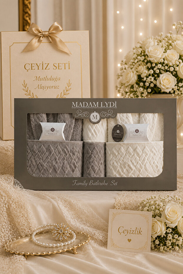 Damla 8 Piece Partial Velvet Bathrobe Set | Family Bathrobe Set | Dowry Bathrobe Set | Boxed | Coffee-Cream
