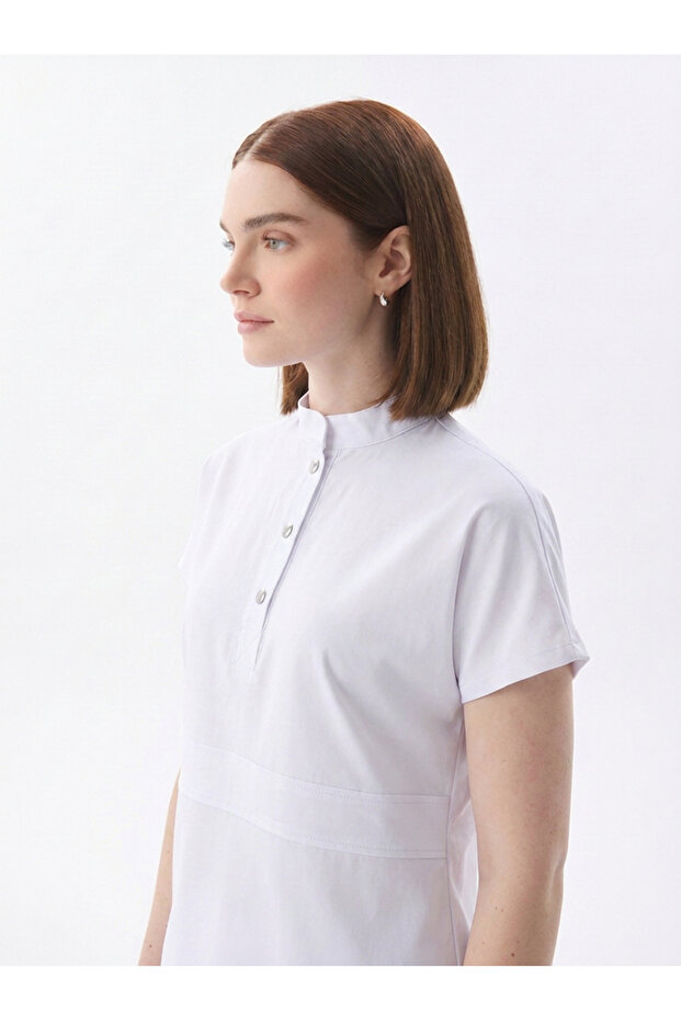 N O V a | Single Top White Women's Lycra High Collar Half Snap Nurse and Doctor Uniform Scrubs