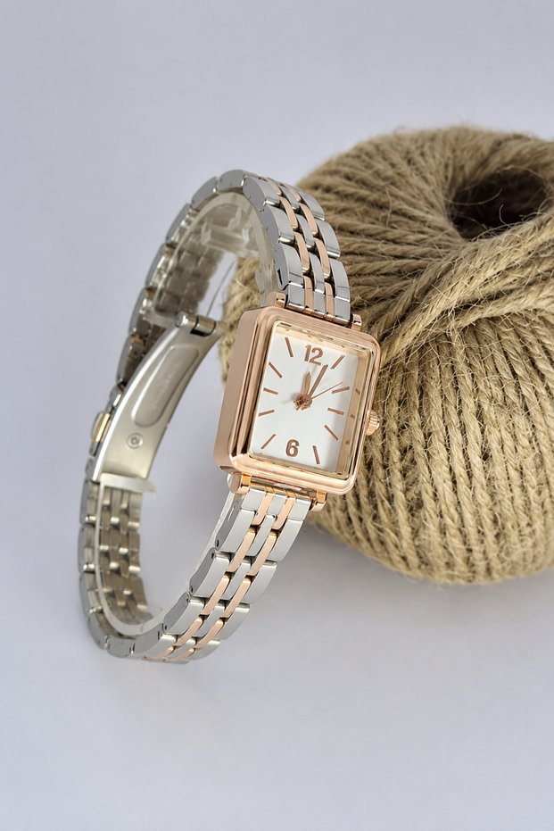 Silver/Gold Colored Roman Numeral Cornered Women's Wristwatch