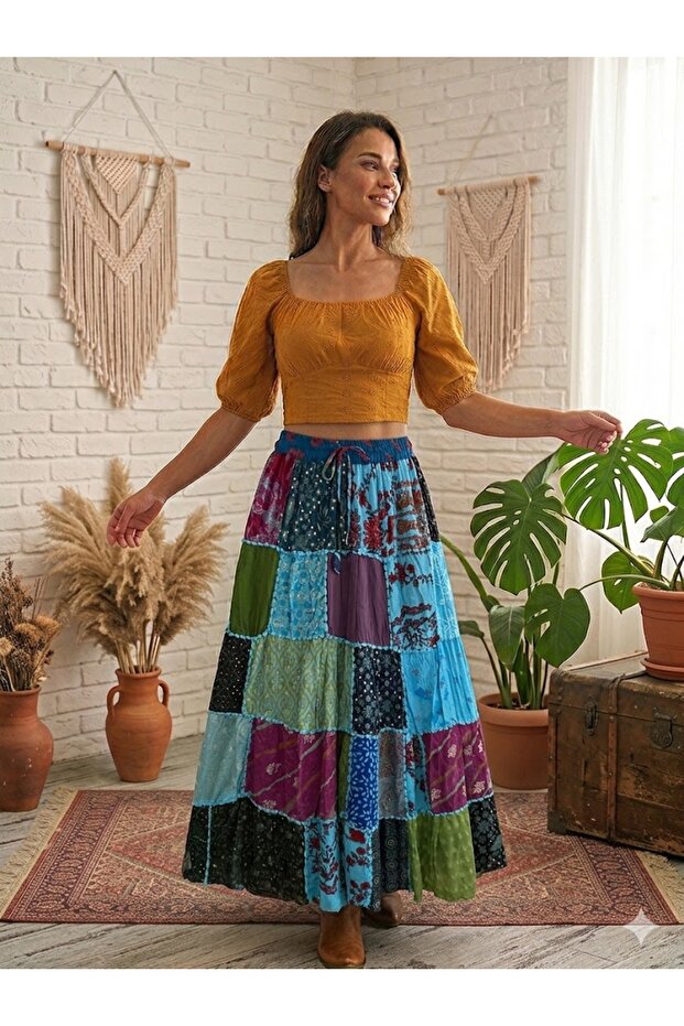 Women's Nepali Ethnic Pattern Patchwork Long Skirt with Elastic Waist
