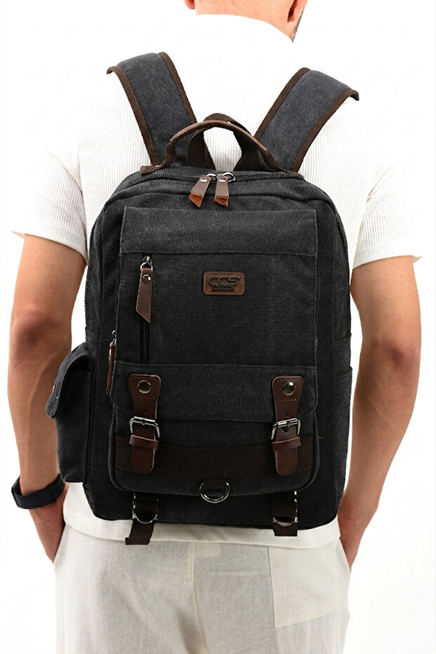 Eba-6235 Canvas (Cotton) Backpack with Laptop Compartment Camping Travel School Bag Black