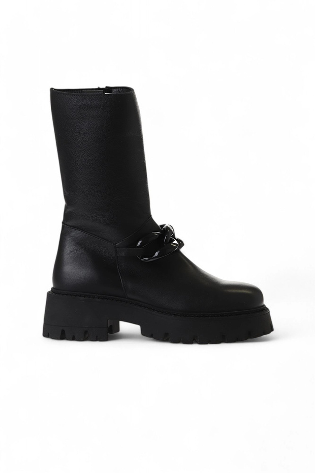 Black Leather Women's Flat Boots 01Wv3118