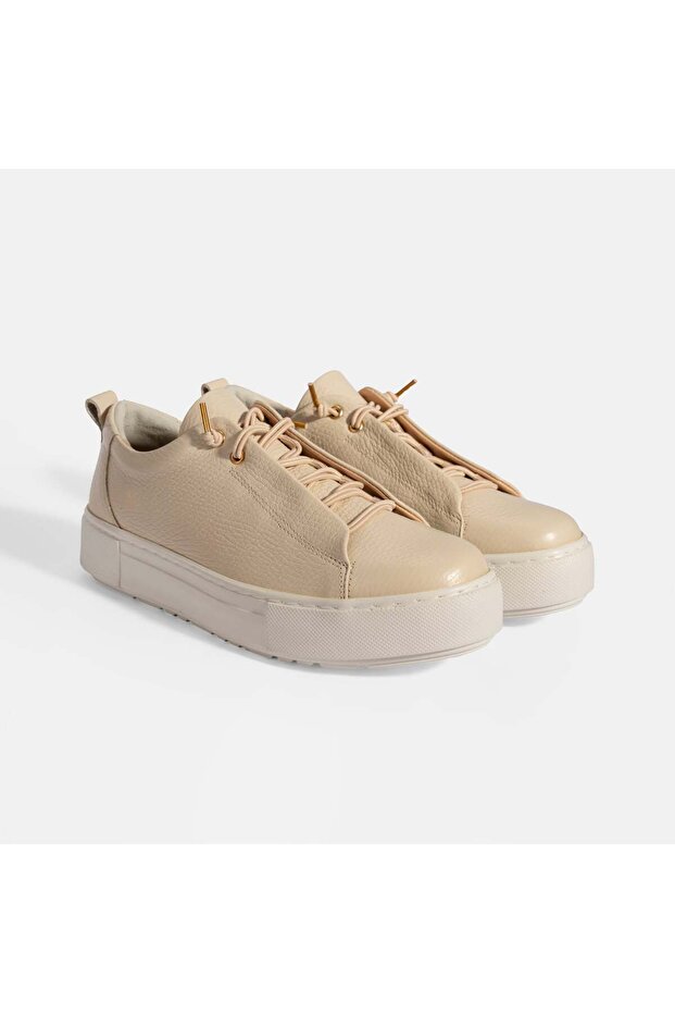 Women's Beige Lace-Up Leather Casual Shoes