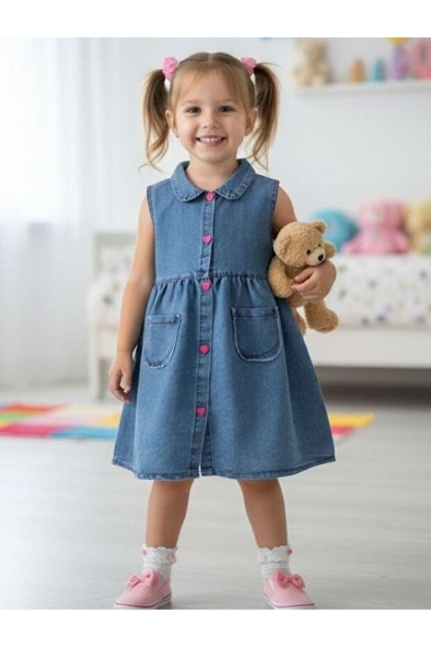 Denim Buttoned Girl's Dress with Strap Bag