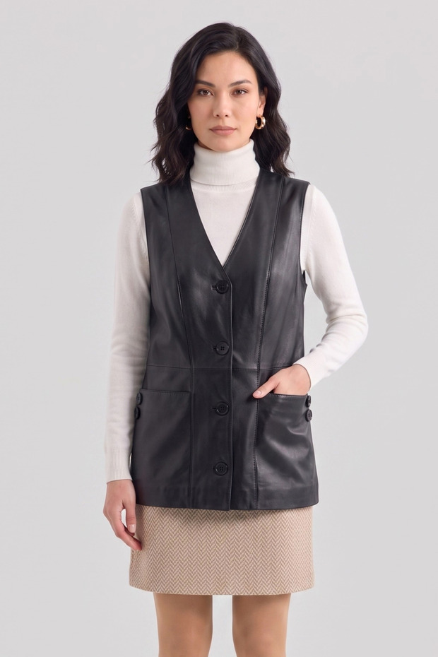 Evita Genuine Leather Women's Black Buttoned Vest