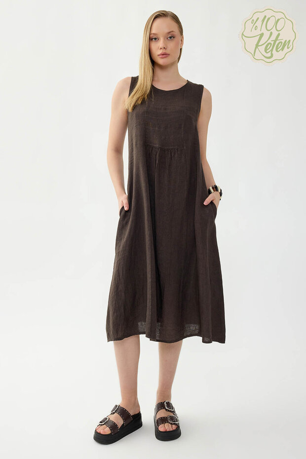 100% Linen Zero Sleeve Dress with Pockets