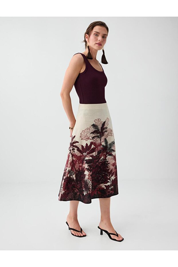 Stone Linen Blend Loose Cut Patterned Midi Skirt