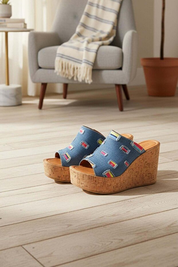 Women's Holi Denim Blue 10 cm Cork Sole Slippers K-920