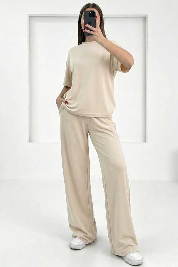 Women's Short Sleeve Summer Two Thread Combed Wide Leg Sweatpants Set