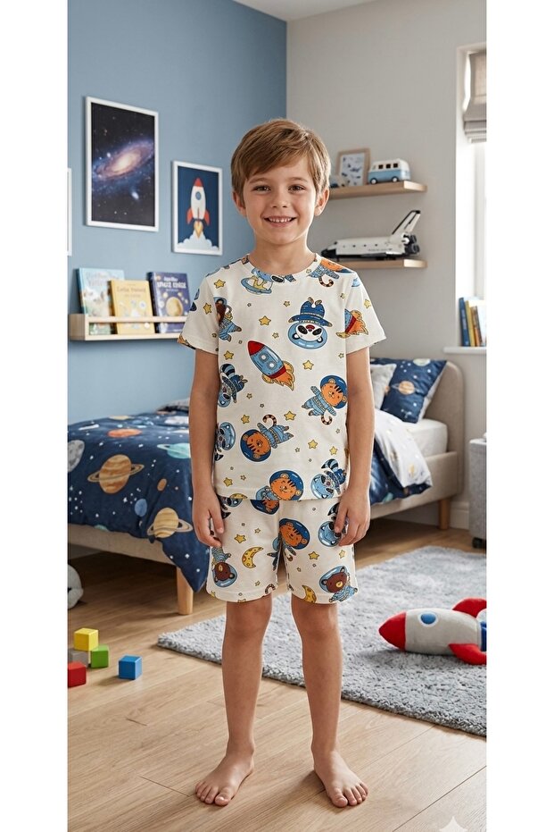 Boys' 100% Cotton White Astronaut Patterned Short Sleeve Shorts Summer Pajama Set