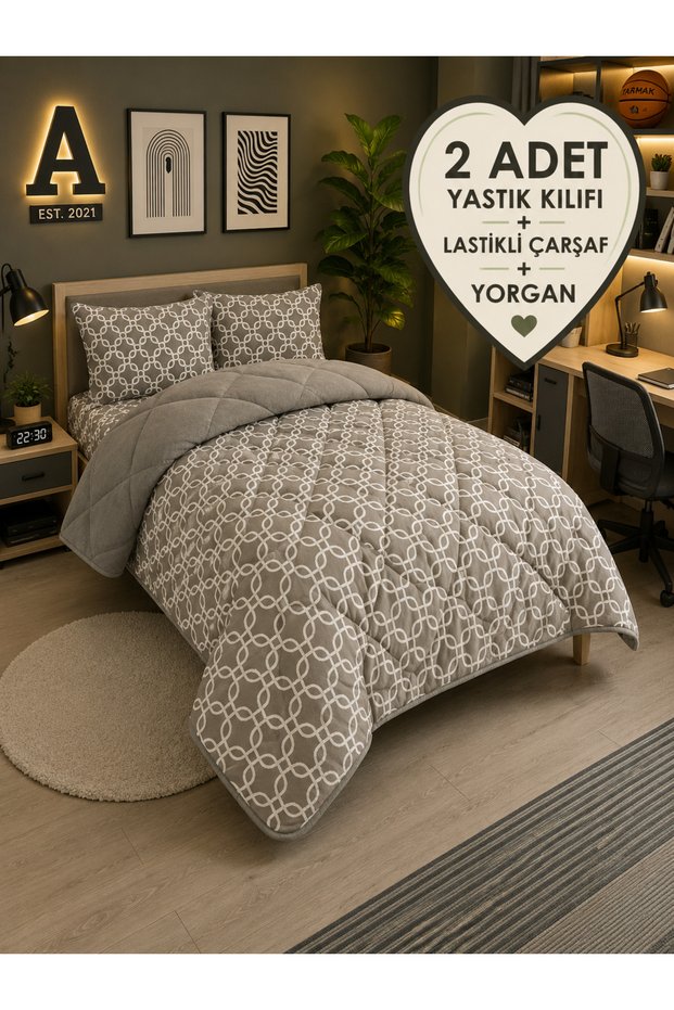 Single Welsoft Pufidik Sleeping Set (With Elastic Sheet) Gray Chain