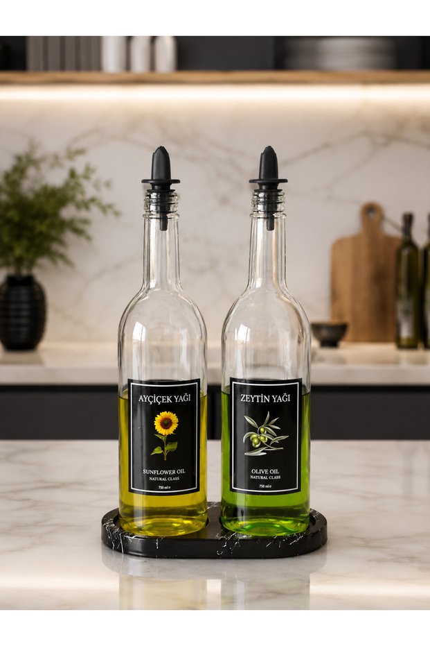 Marble Patterned 2-Piece Oil Bottle with Stand and Silicone Lid 750 ml Olive Oil Liquid Oil Bottle Glass Oil Pot
