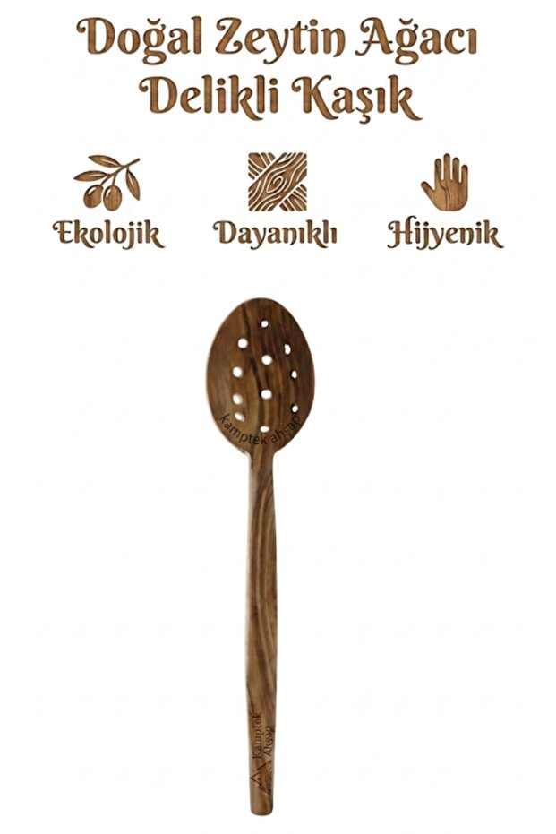 Kamptek Wood - 100% Natural Olive Wood Perforated Kitchen Spoon (30 cm)