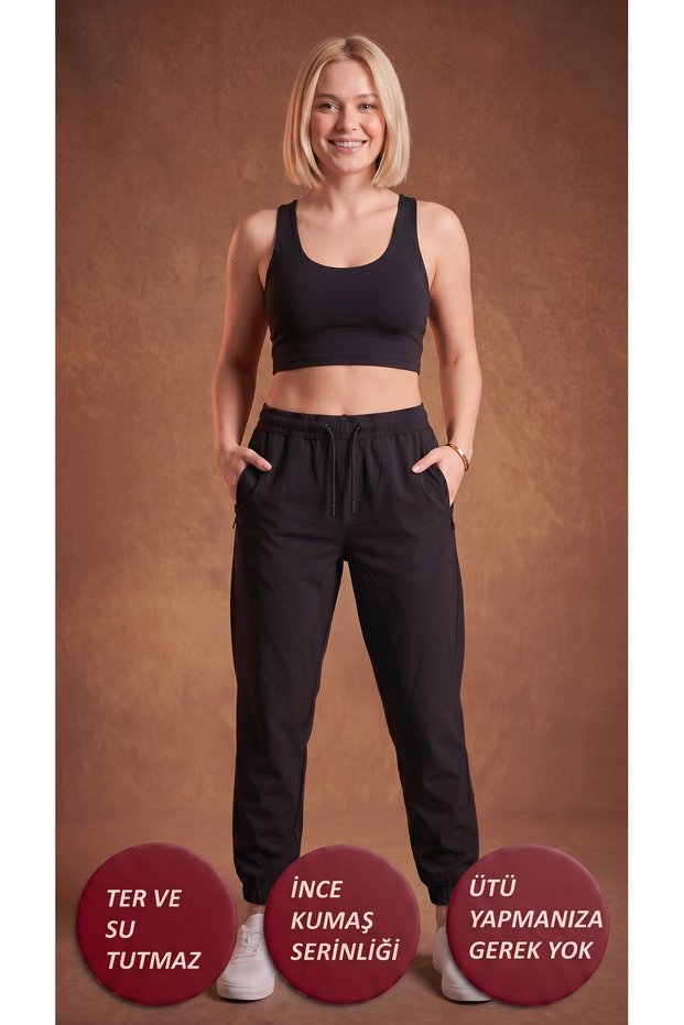 Women's Black Elastic Waistband 3-Pocket Zippered Parachute Sweat-Wicking Trousers with Back Pockets