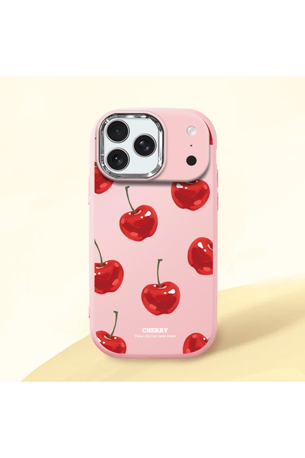 iPhone 17 Pro Compatible Shock-Absorbing Camera Protected Pink Silicone Case Cherry Patterned