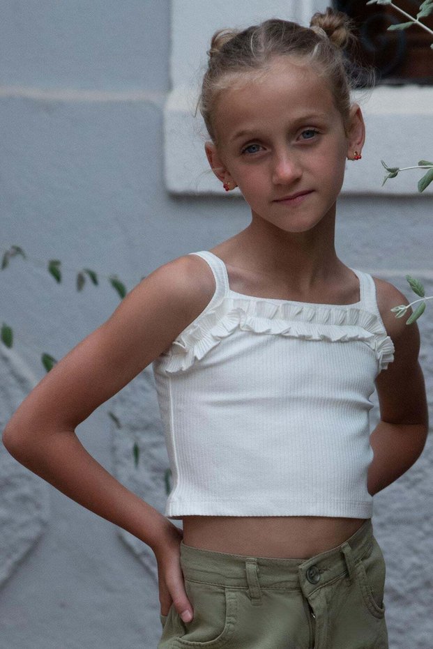 Girl's Strappy Crop T-Shirt with Ruffle Detail, Ages 8-14, Ecru