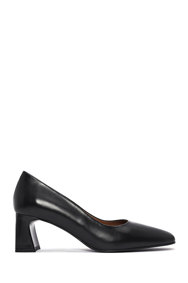Women's Black Thick Short Heeled Genuine Leather Heeled Shoes Stiletto 25Sfd132518