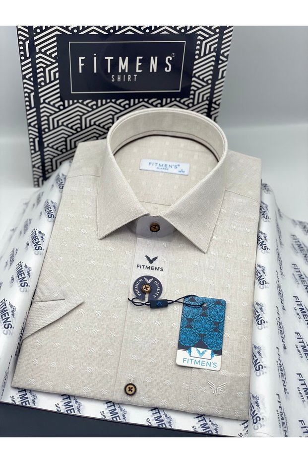 Classic Short Sleeve Linen Cotton Breathable Fabric Gift Boxed Men's Shirt Fs-004570 - Beige