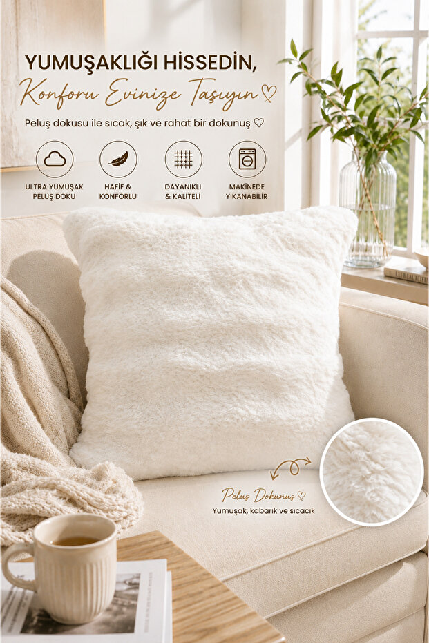 Rabbit Feather Throw Pillow Cover Set of 2 | 45X45 cm | Plush Soft Textured | Decorative, Modern and Stylish Design