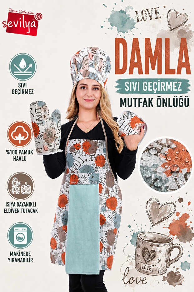 Damla Set of 5 Liquid Proof Waterproof Kitchen Apron Set (Hat, Gloves, Pot Holder)