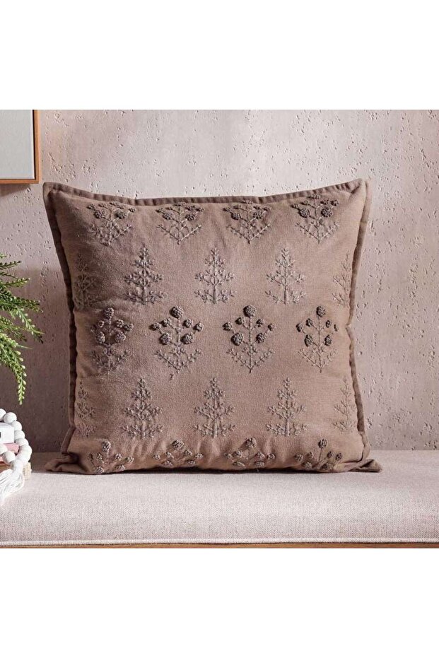 Serene Meadow Muse Hand Embroidered Down Alternative Filled Cushion 50x50cm - Brown