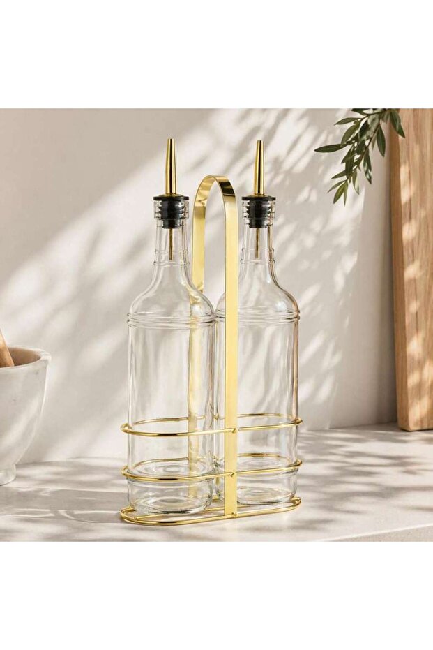 Tiana 2-piece Oil & Vinegar Bottle With Metal Stand 700ml -clear