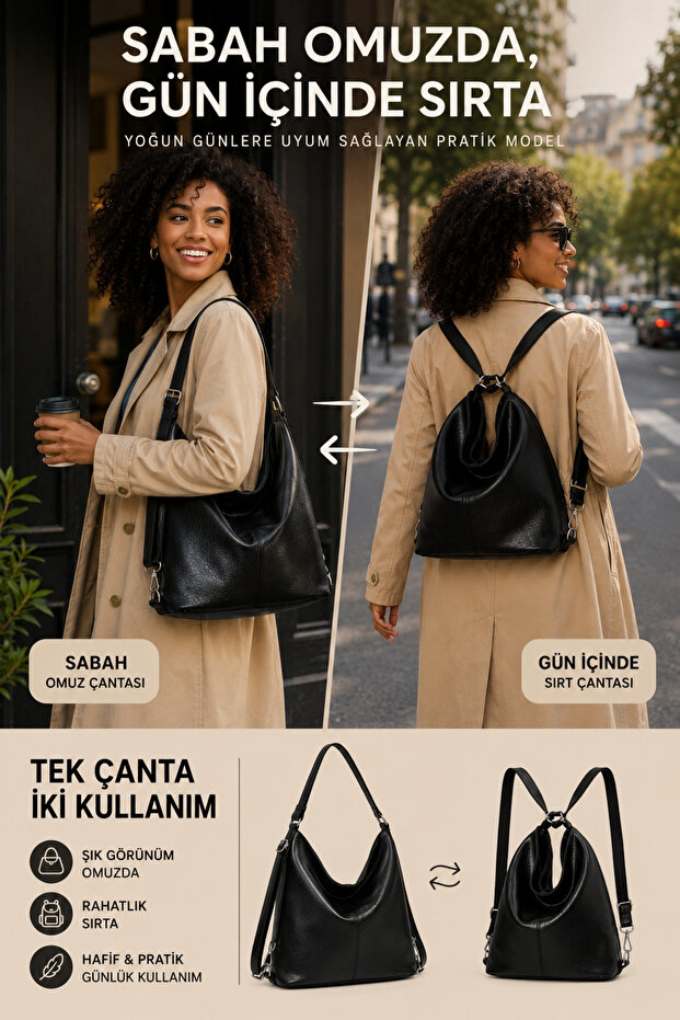 Women's 3-in-1 Shoulder Backpack and Crossbody Bag Multi-Purpose Practical Comfort Model Large Volume Zippered Large Size Soft Leather Stylish Daily School University Work Travel Shopping Bag - 27X33X10 cm