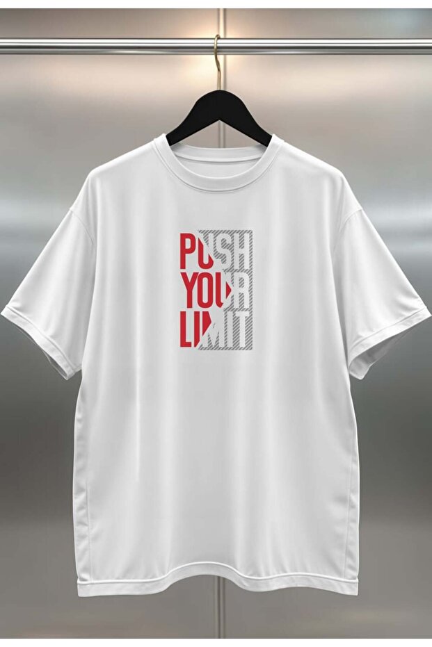 تي شيرت أبيض للجنسين بطباعة رقمية كبيرة الحجم من Push Your Limit