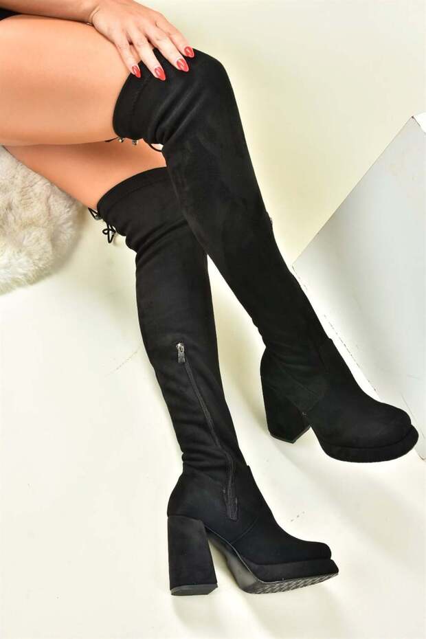 Black Suede Platform Sole Women's Boots N997601202