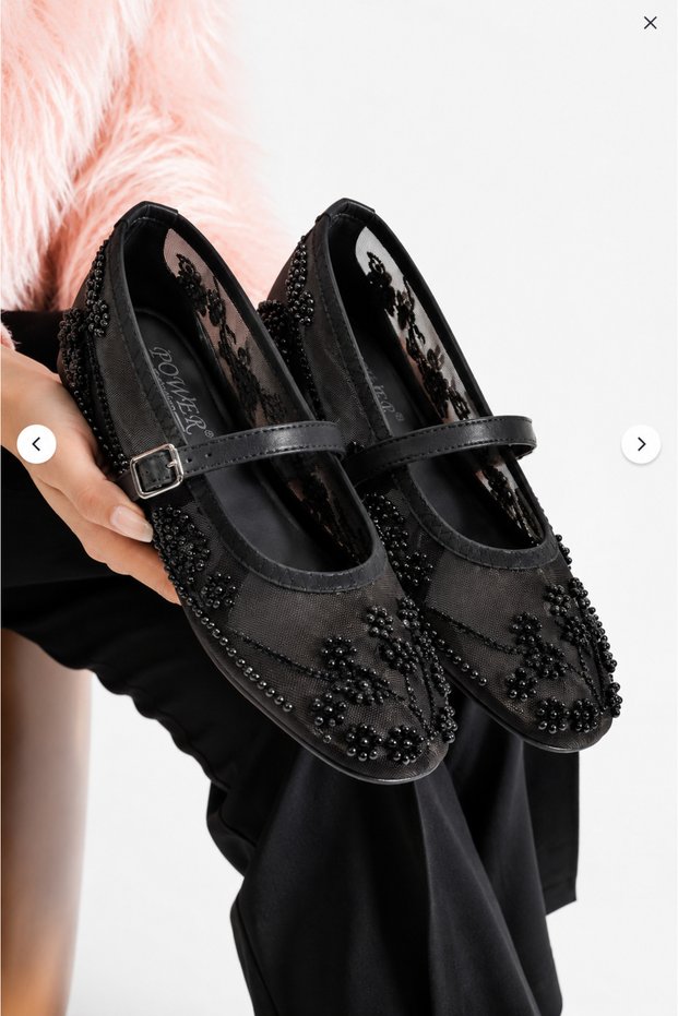 Women's black pearl embroidered floral beaded sheer tulle ballet flats