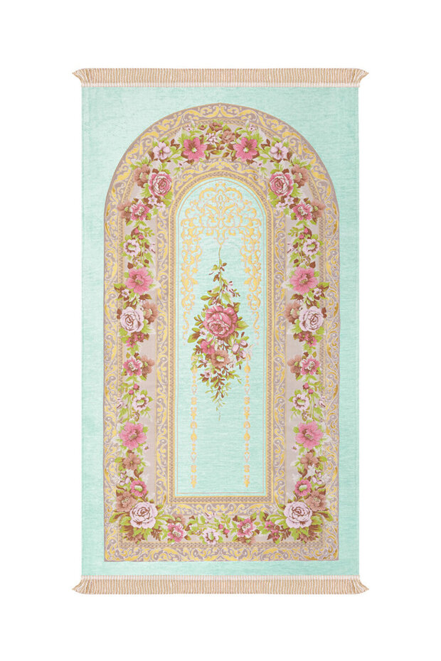 Water Green Mihrap Pattern Embossed Special Woven Prayer Rug