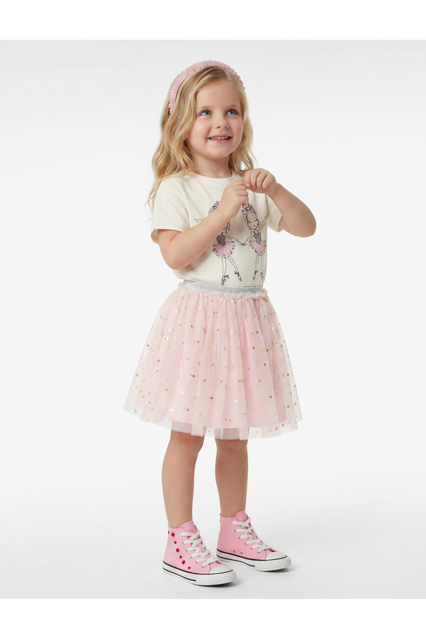 Elastic Waist Tulle Detailed Pleated Star Printed Tutu Skirt