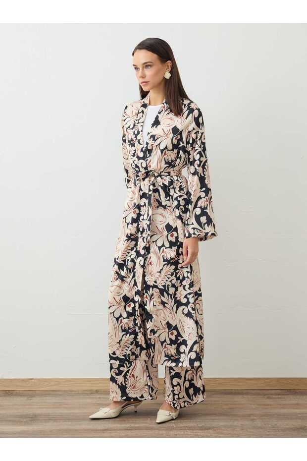 Shawl Patterned Belted Kimono Pants Set - Black - - 5