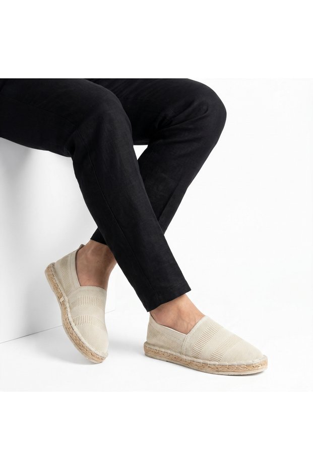 Men's Beige Handmade Straw Sole Comfortable Knitted Knitwear Sports Casual Espadrille Shoes Sneaker