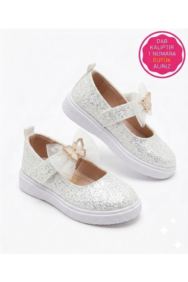 Girls' White Colorful Bow-Knot Shiny Glittery Stylish Ballet Flats