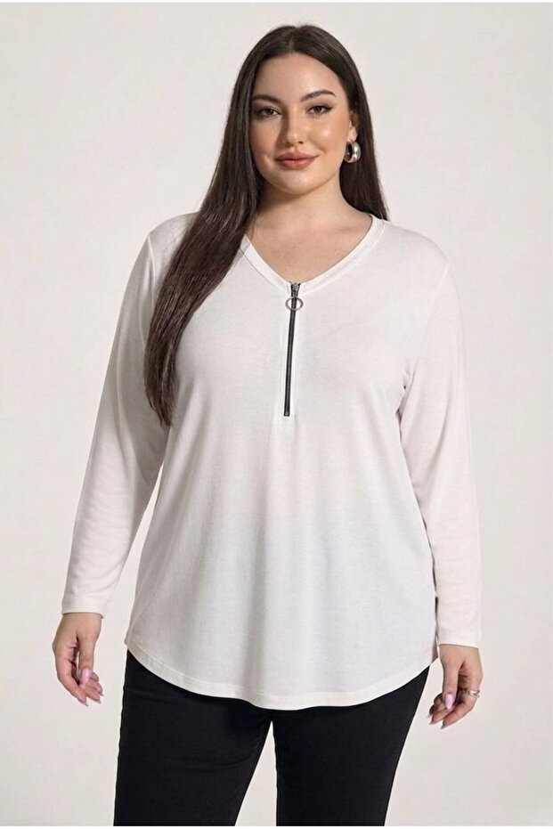 Women's Half Zipper Detailed Plus Size Blouse 1387-23