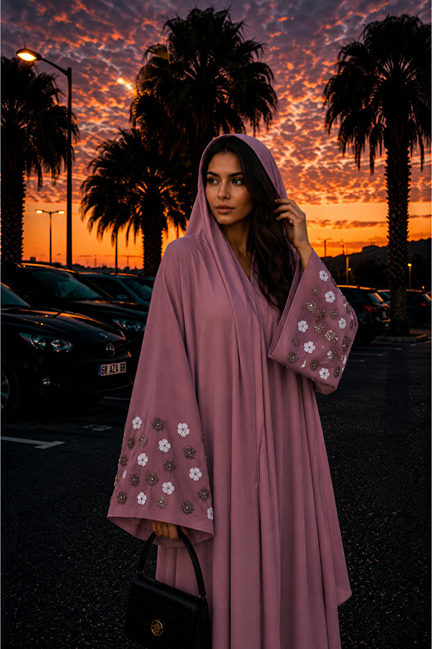 Aya 2-in-1 Buttoned Open Abaya with Hand-Embroidered Floral Design & Matching Hijab