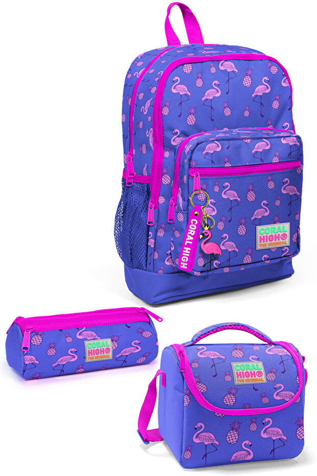 Kids Lavender Pink Flamingo Patterned 3-Piece School Bag Set SET0123112