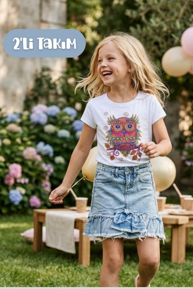 Girl's Patterned Blouse Asymmetrical Cut Denim Skirt Double Suit