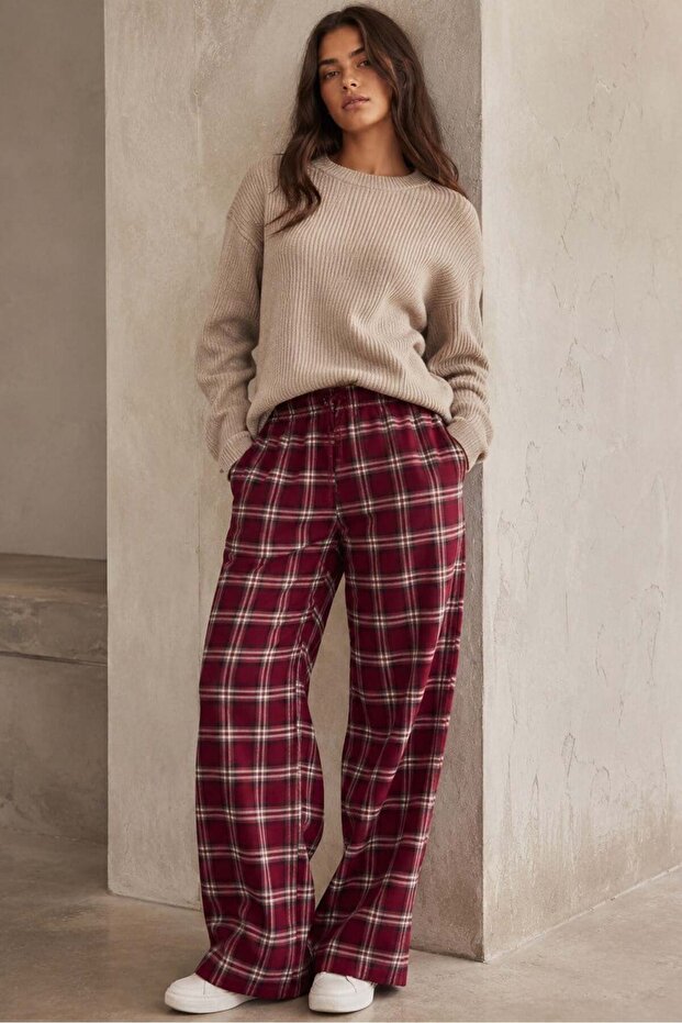 Burgundy Elastic Waist Wide Leg Plaid Trousers Mg2658